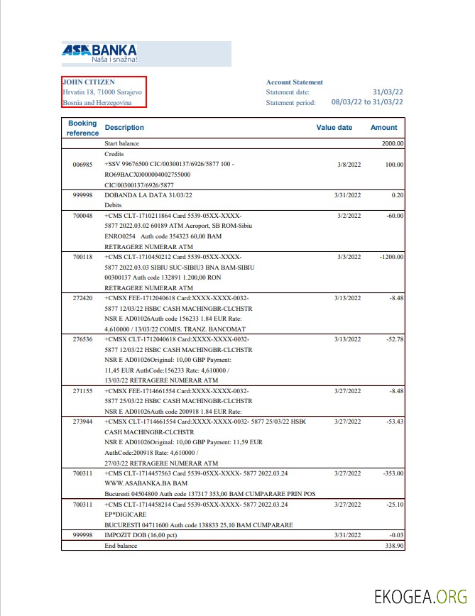 Modèle de relevé bancaire ASA Banka de Bosnie Herzégovine au format Excel et PDF